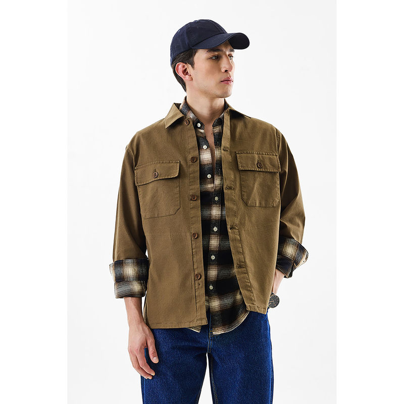 Snitch Brown Solid Full Sleeves Relaxed Casual Overshirt for Men (XL)