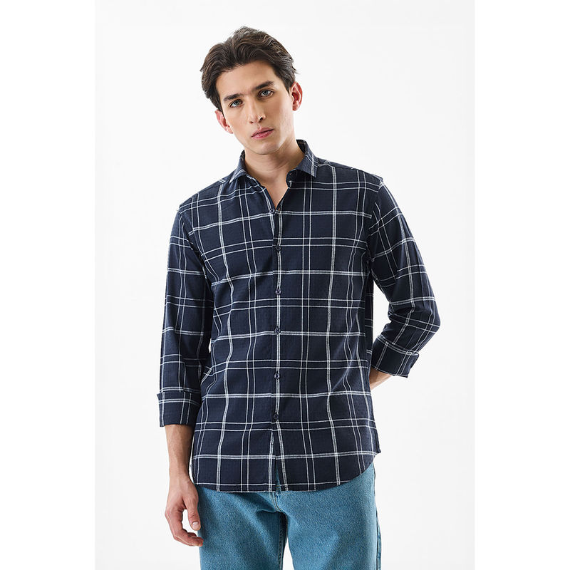 Snitch Navy Blue Checks Full Sleeves Slim Casual Shirt for Men (XS)