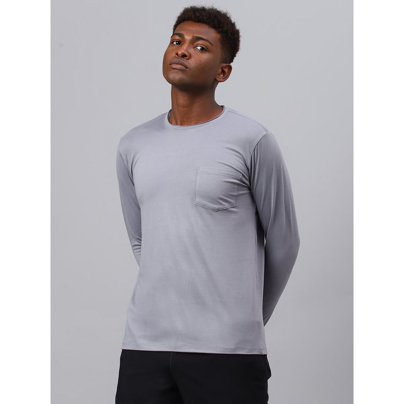 Fitkin Men Grey Raw Edge Neck Style Long Sleeves T-Shirt (S)