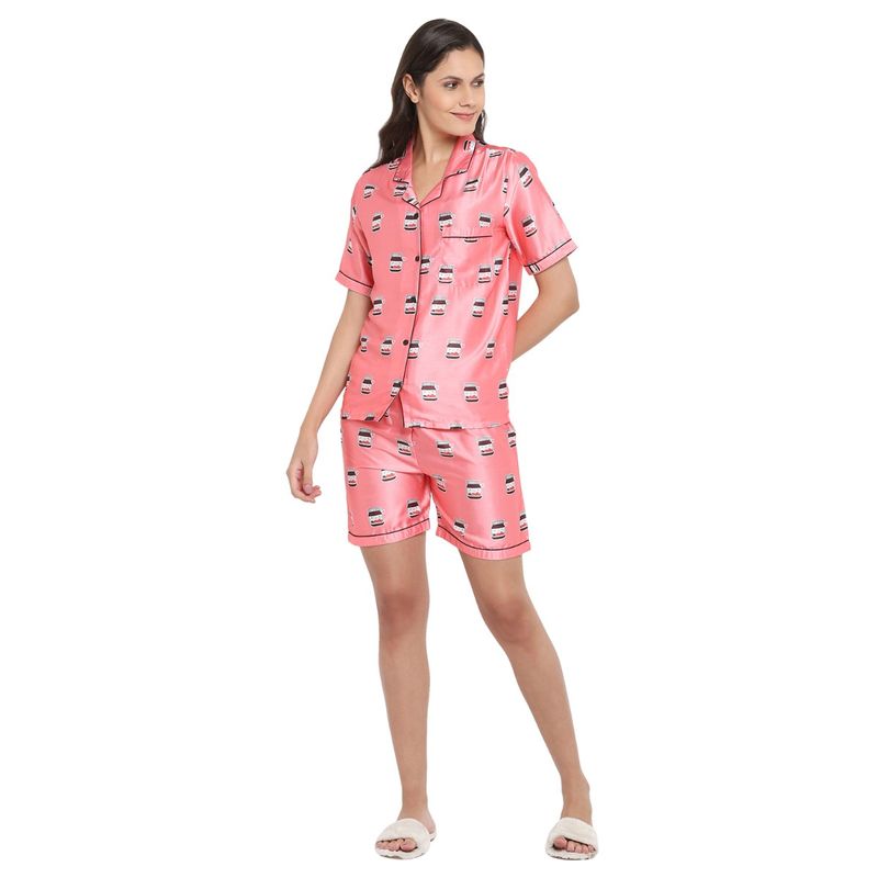 Shopbloom Pink Modal Satin Nutella Print Satin Shirt and Shorts Women's Set | Lounge Wear- Pink (XS)