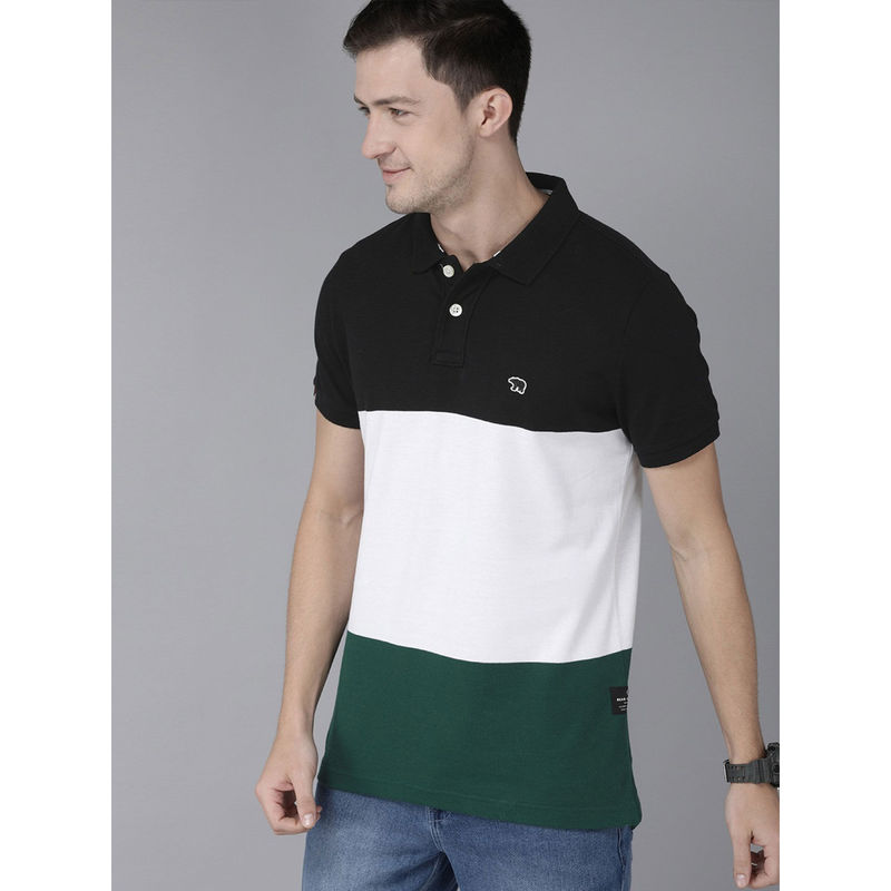 THE BEAR HOUSE Men Black White Colour blocked Polo Collar Applique Slim Fit T-shirt (S)