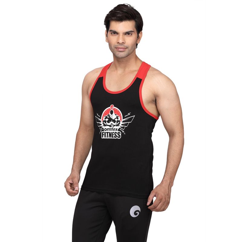Omtex Mens Gym Stringer Tank Top Printed Fitness Vest for Workout - Training Black (L)
