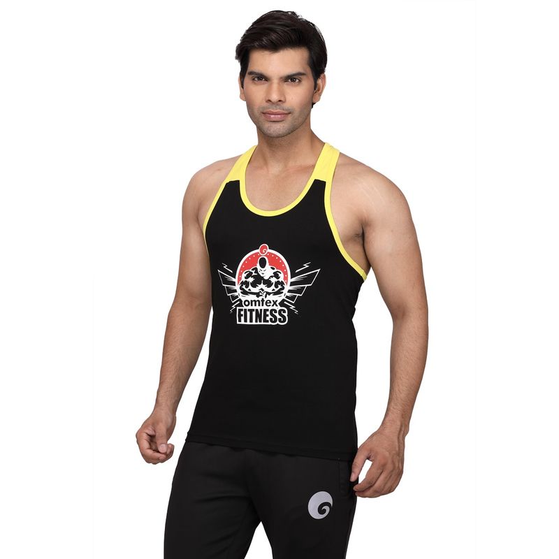Omtex Mens Gym Stringer Tank Top Printed Fitness Vest for Workout Black Yellow (L)
