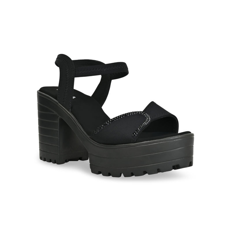 ROCIA By Regal Black Women Lycra Chunky Sandal Heels (EURO 39)