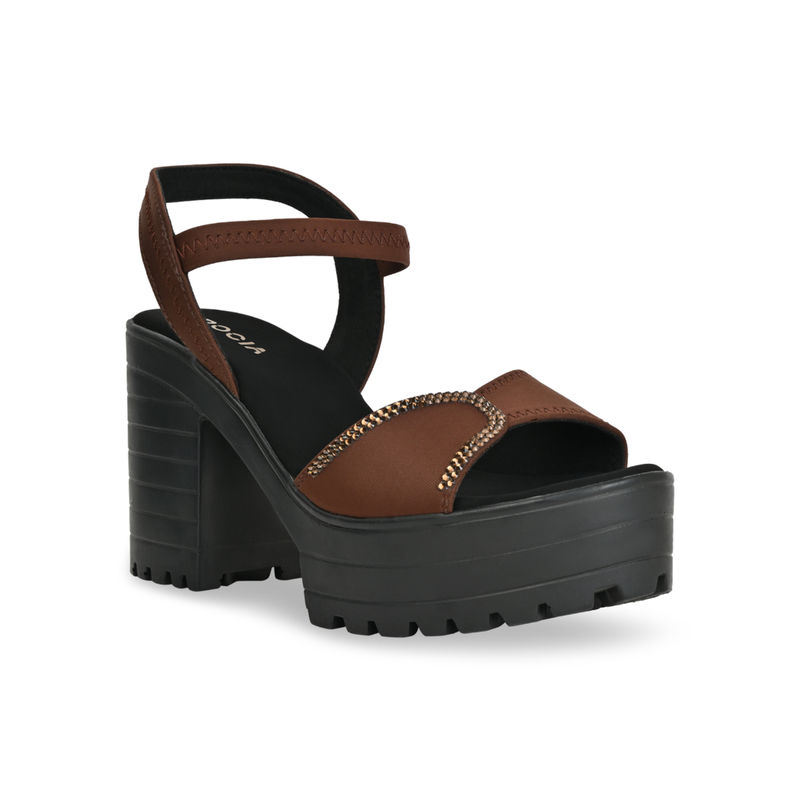 ROCIA By Regal Brown Women Lycra Chunky Sandal Heels (EURO 39)