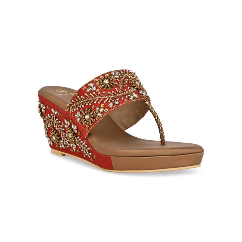 ROCIA By Regal Antique Gold Women Hand Embroidered High Wedges (EURO 39)