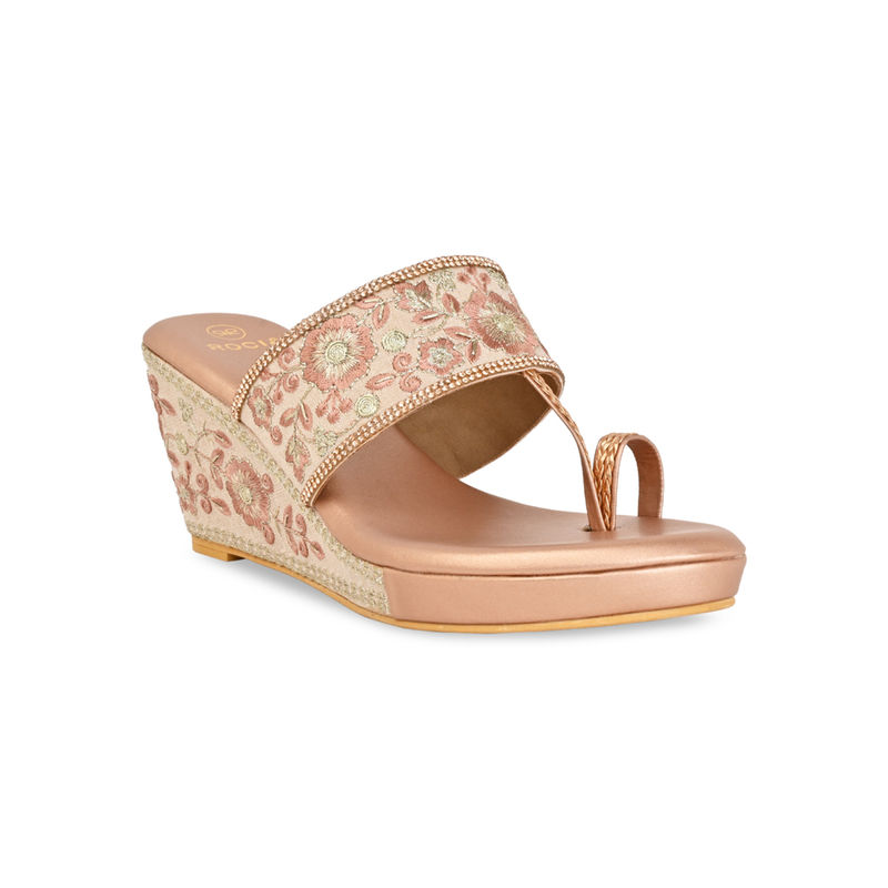 ROCIA By Regal Rose Gold Women Hand Embroidered High Wedges (EURO 38)
