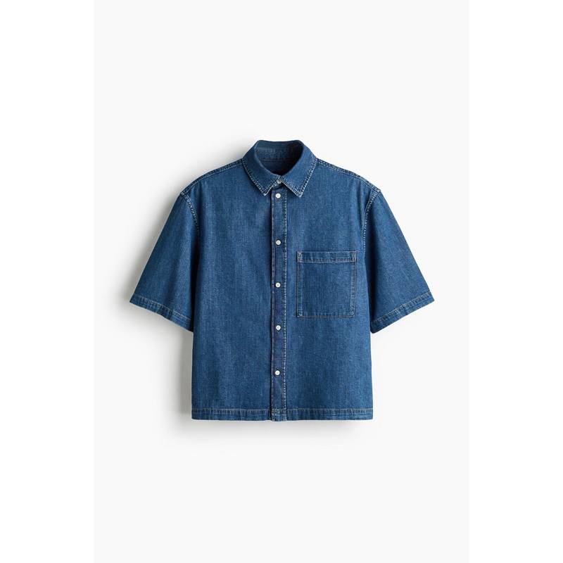 H&M Men Blue Relaxed Fit Short-Sleeved Denim Shirt (L)