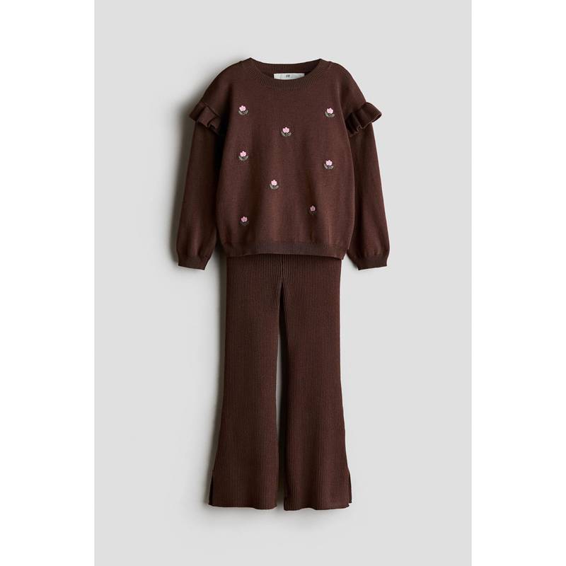 H&M Girls Brown 2-Piece Knitted Embroidery-Detail Set (1.5-2 Years)