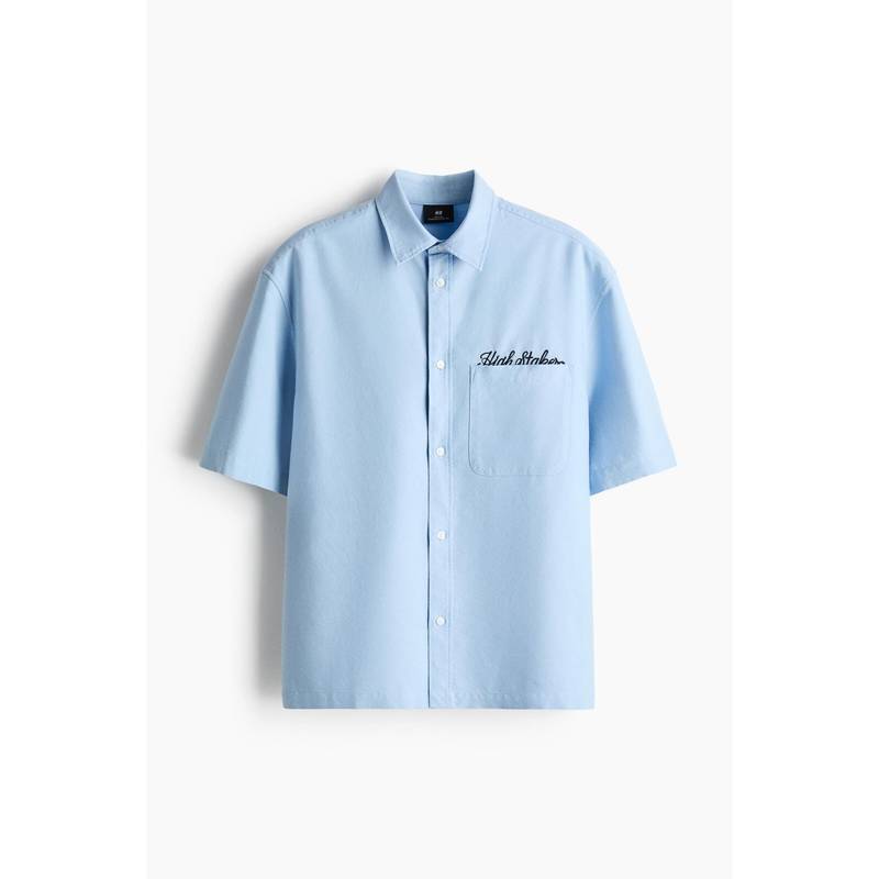 H&M Men Blue Relaxed Fit Short-Sleeved Embroidered Oxford Shirt (XS)