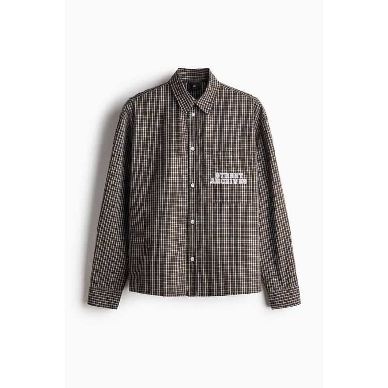 H&M Men Green Relaxed Fit Printed Cotton Poplin Shirt (S) - Image 1
