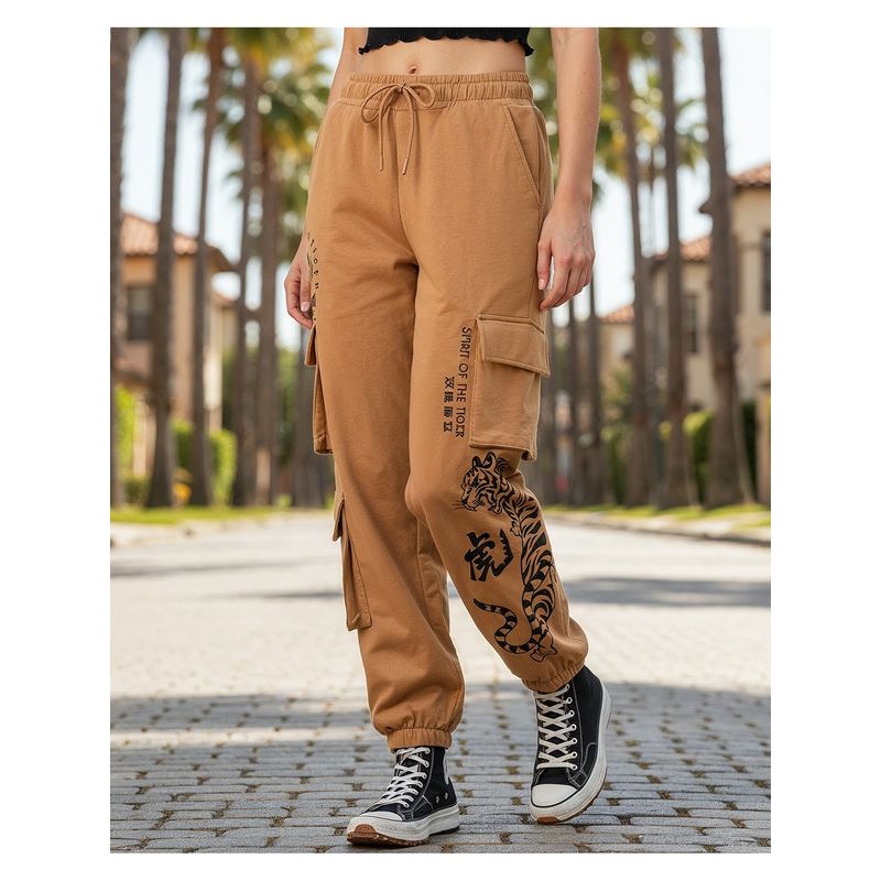 Bewakoof Heavy Duty Women Brown Graphic Printed Super Loose Fit Brushed Cargo Joggers (M)