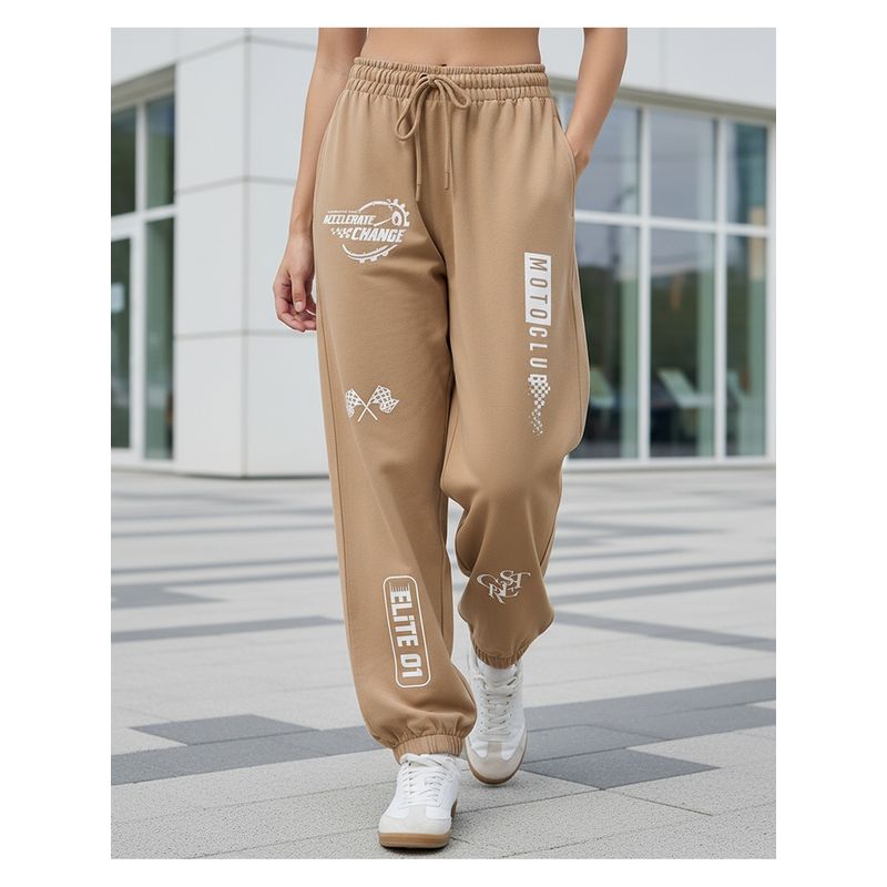 Bewakoof Women Beige Typography Print Joggers (S)