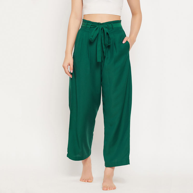 Clovia Chic Basic Wide Leg Pyjama In Green - Rayon (2XL)