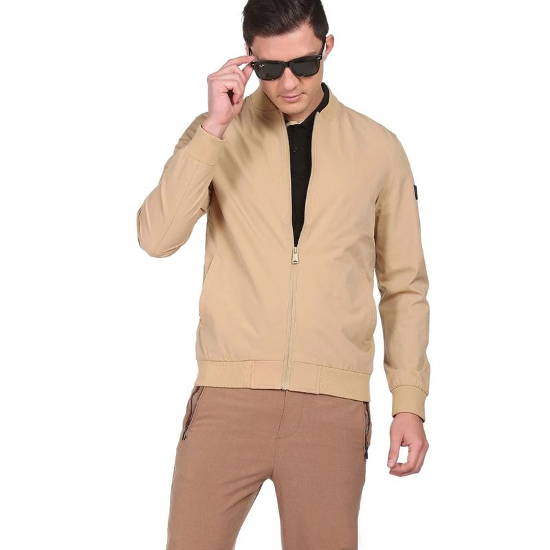 Arrow Sports Men Beige Stand Neck Solid Bomber Jackets (S)