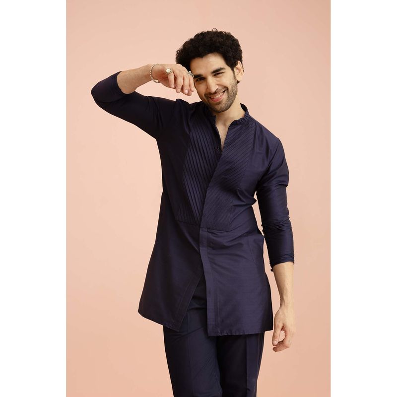 KISAH Men Navy Blue Yoke Design Front Open Mid Kurta (40)