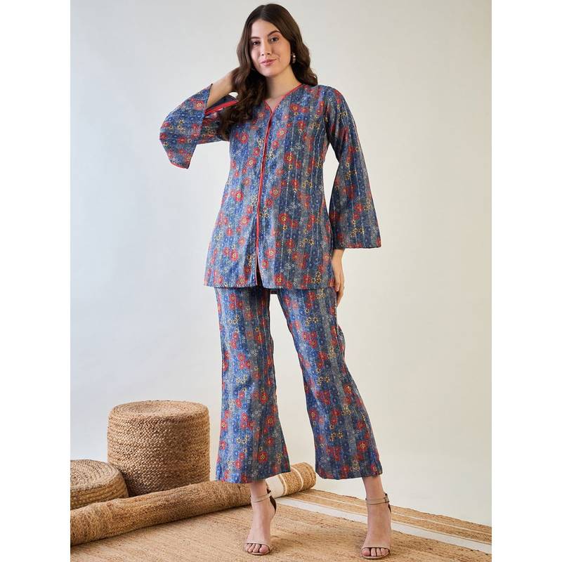 The Kaftan Company Blue Floral Striped Lurex Co-Ord (Set Of 2) (S)