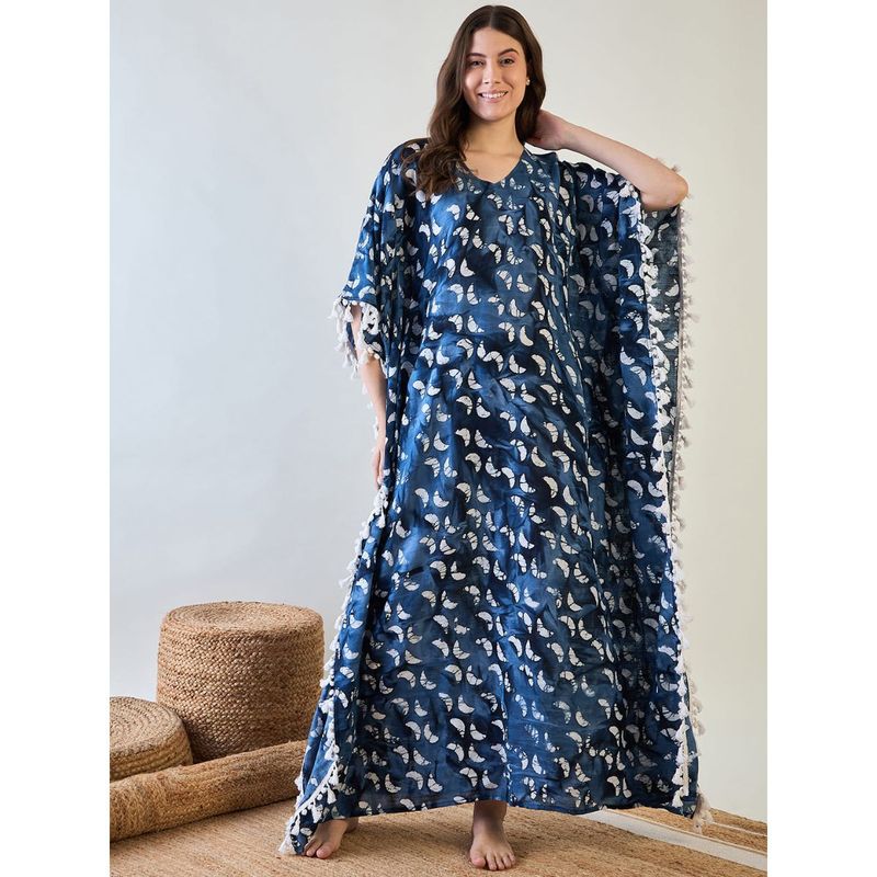 The Kaftan Company Elegant Blue Batik Cotton Kaftan with White Tassel Trim (S)