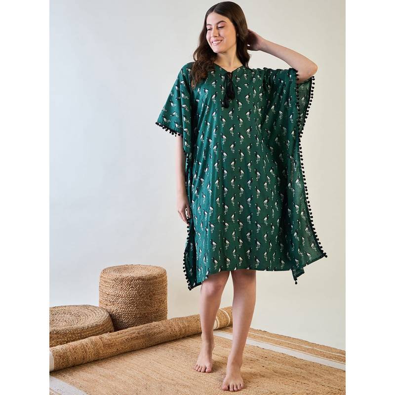 The Kaftan Company Green Cotton Kaftan with Bird Print and Pom-Pom Trim (S)