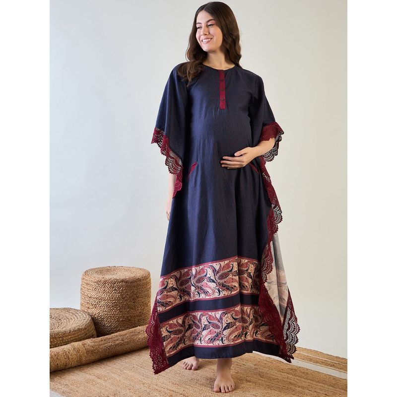 The Kaftan Company Navy Blue and Red Paisley Print Maternity Kaftan with Feeding Zip (M)