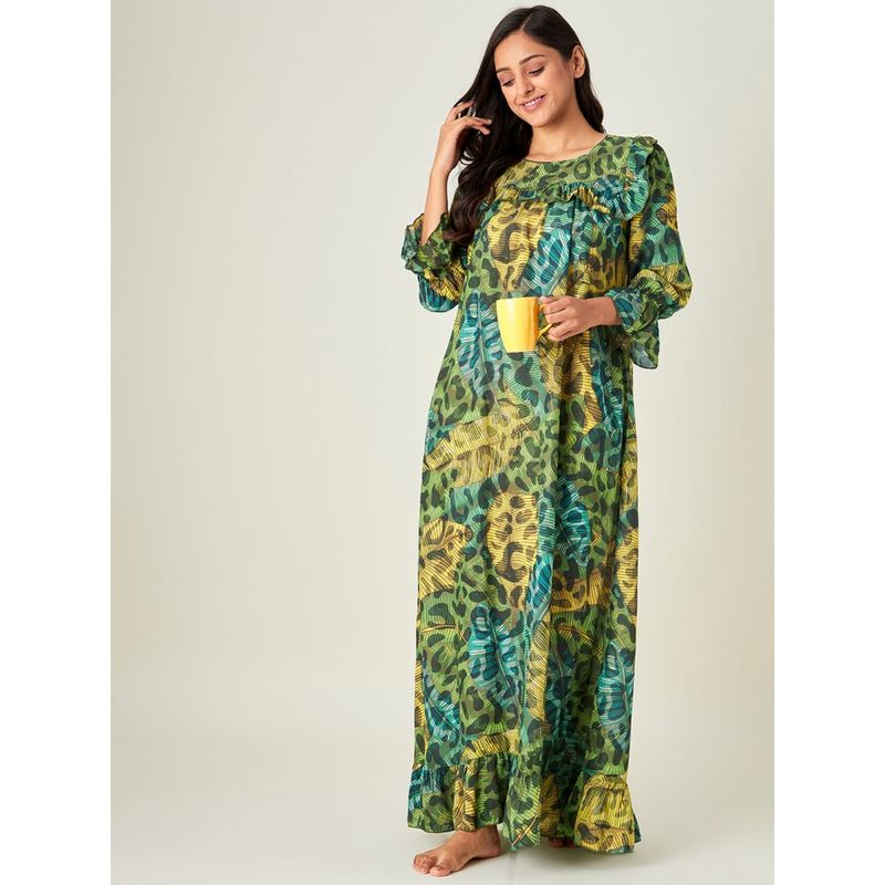 The Kaftan Company Green Animal Printed Frilled Night Dress (S)