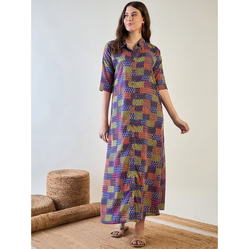 The Kaftan Company Abstract Multi Colored Patch Button Down Night Dress (M)