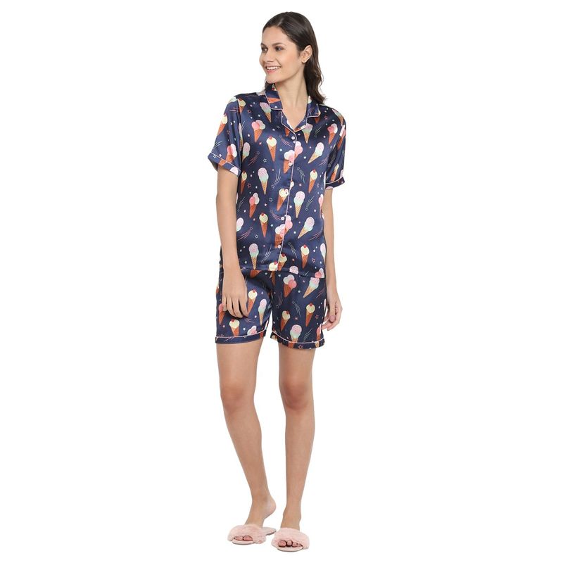 Shopbloom Navy Modal Satin Ice Cream Print Shirt and Shorts Women's set |Night Wear - Navy Blue (XS)
