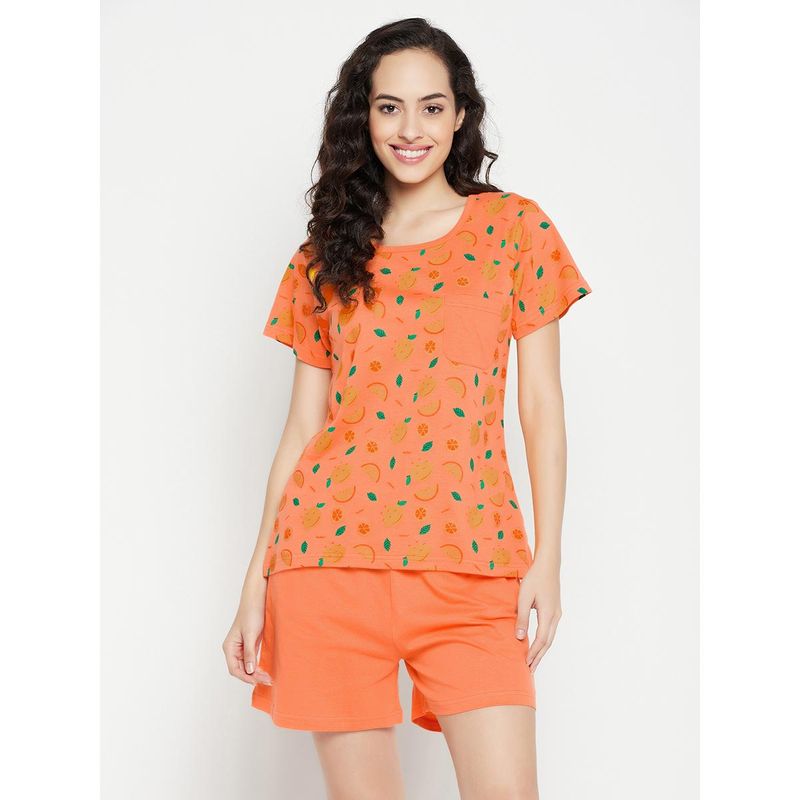 Clovia Pretty Print Top & Shorts- 100 percent Cotton-Orange Orange (Set of 2) (M)