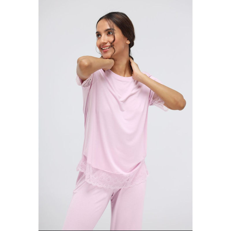 NeceSera Soft Pink Modal Lace Top (S)