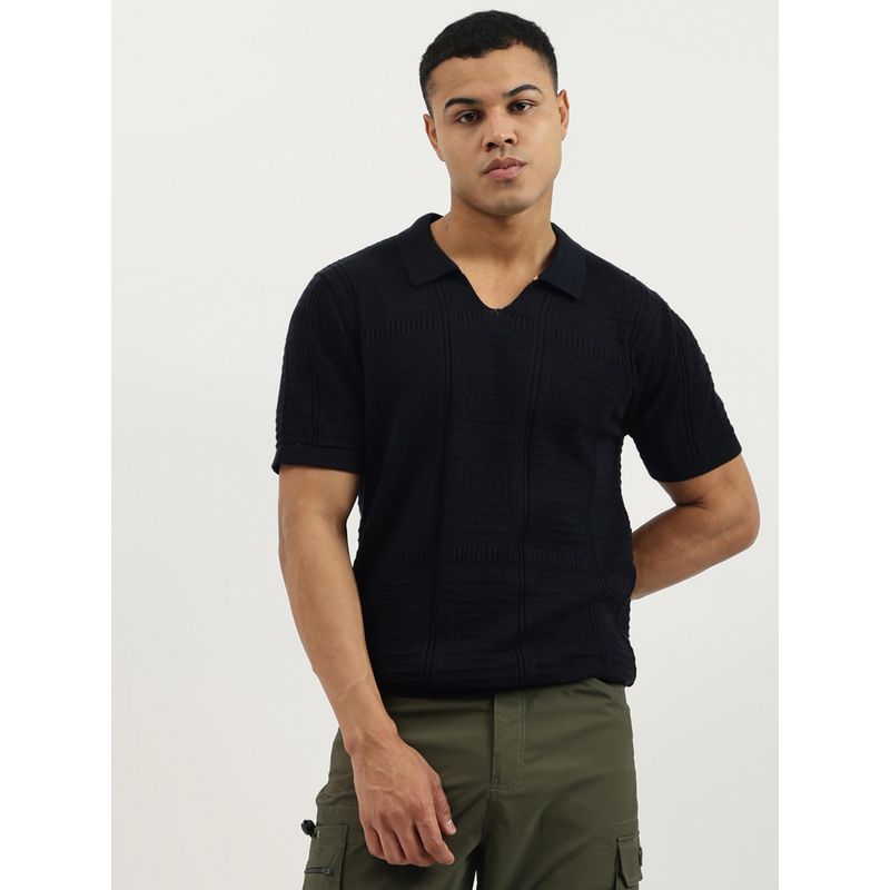 United Colors of Benetton Navy Blue Regular Fit Johny Collar Textured Pointelle T-shirt (XL)