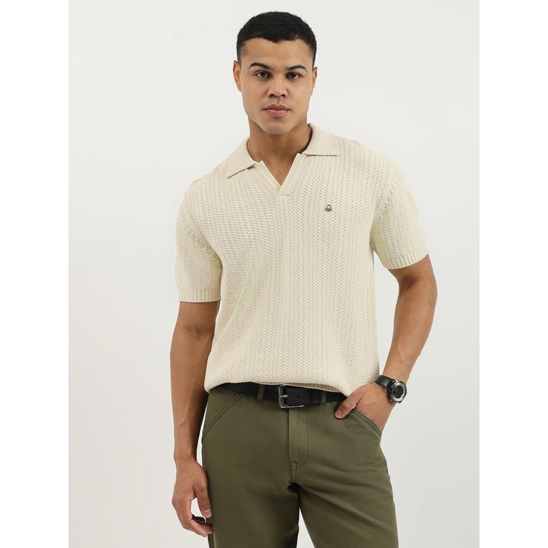 United Colors of Benetton Off White Relaxed Fit Johny Collar Textured Polo T-shirt (XL)