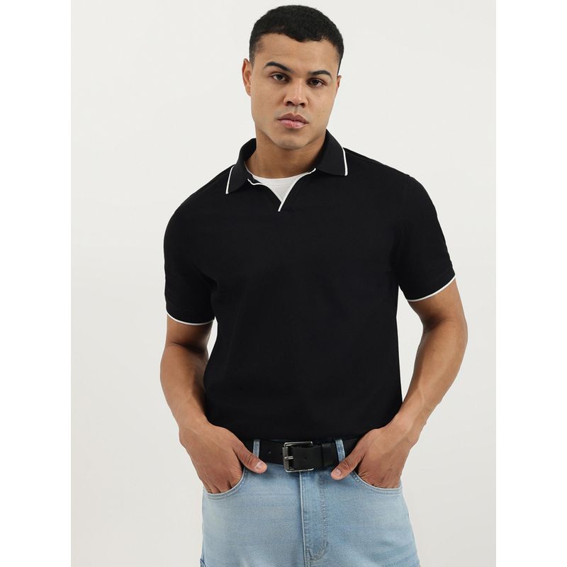 United Colors of Benetton Black Relaxed Fit Johny Collar Pique Textured Honeycomb Polo T-shirt (M)