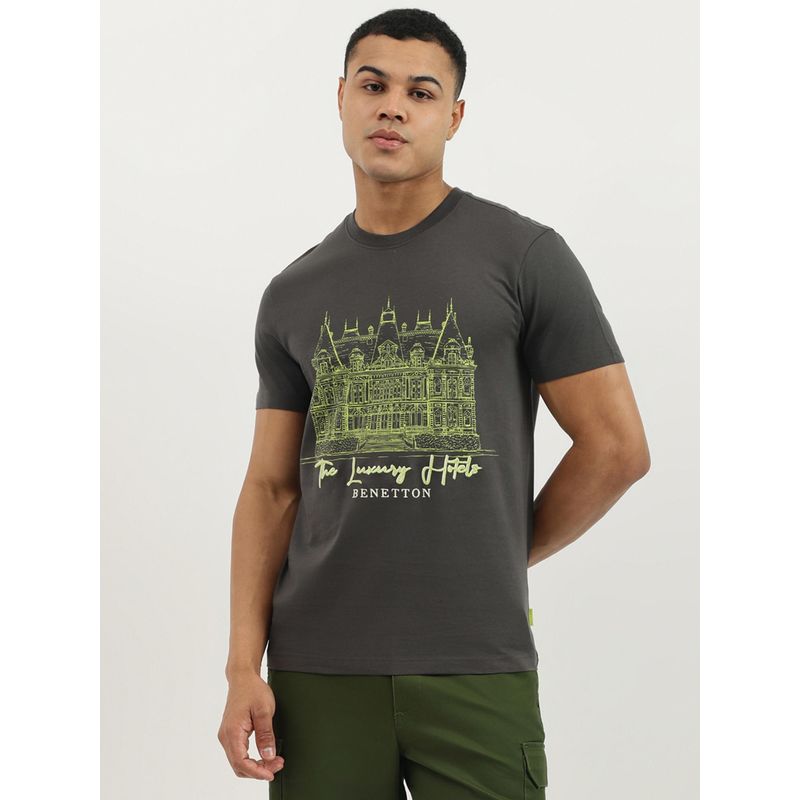 United Colors of Benetton Grey Relaxed Fit Crew Neck Printed Luxury Hotel Jersey T-shirt (XL)