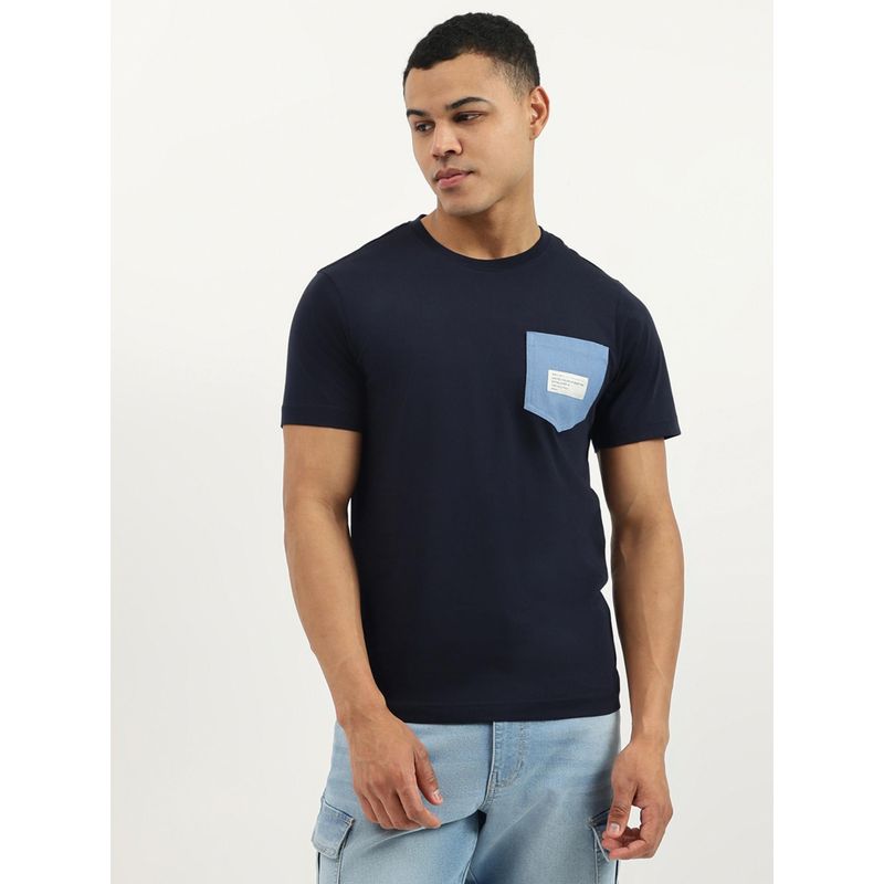 United Colors of Benetton Blue Relaxed Fit Crew Neck Solid Woven Patch Pocket T-shirt (XL)