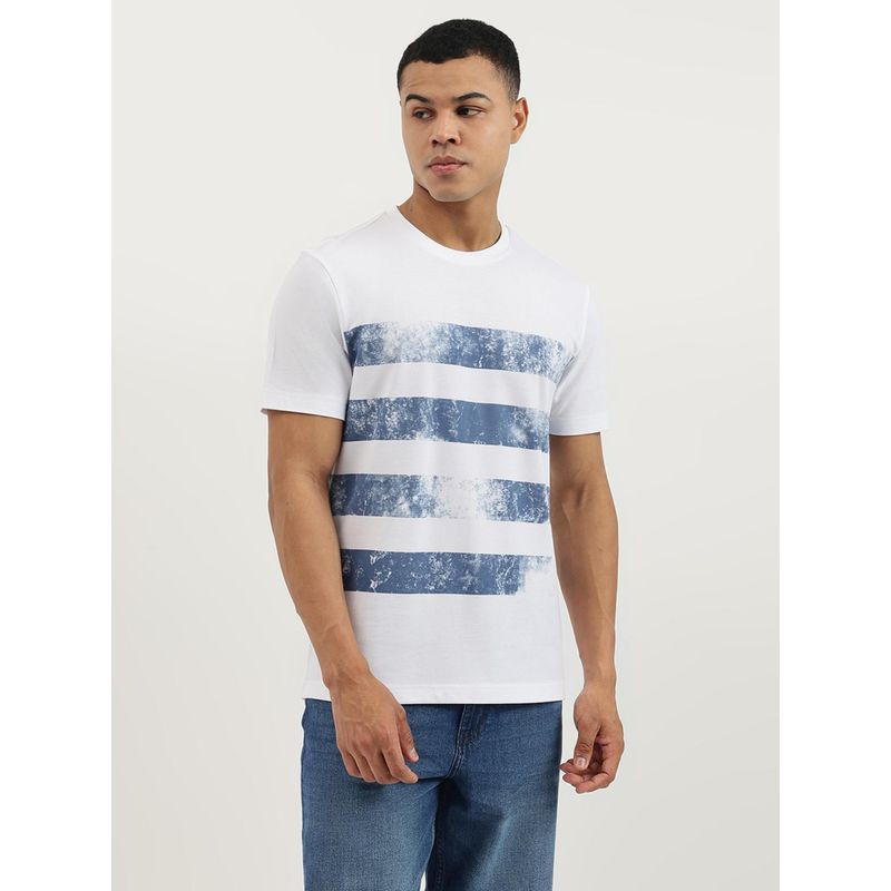 United Colors of Benetton White Relaxed Fit Crew Neck Brush Stroke Stripe Print Pique T-shirt (M)