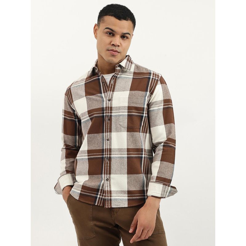 United Colors of Benetton Brown Regular Fit Spread Collar Checkered Exploded Flannel Shirt (M)