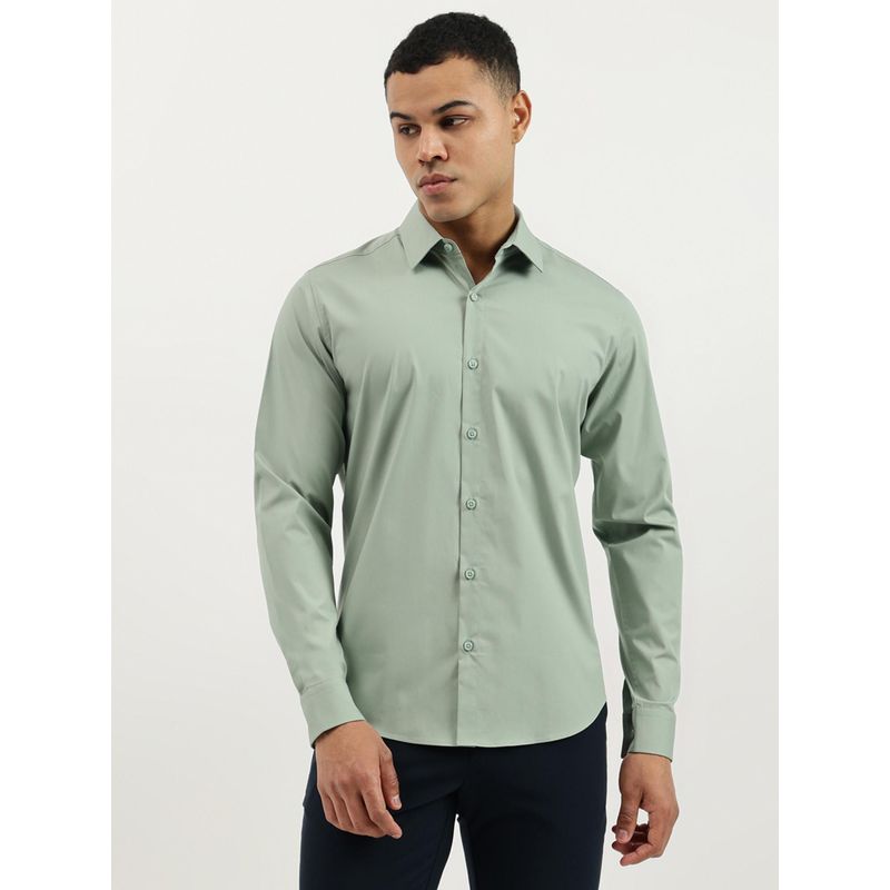 United Colors of Benetton Green Slim Fit Spread Collar Solid Poplin Stretch Shirt (L)