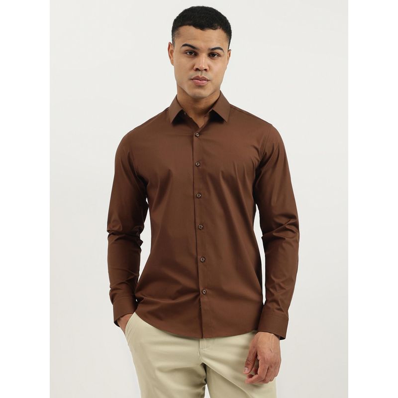United Colors of Benetton Brown Slim Fit Spread Collar Solid Poplin Stretch Shirt (2XL)