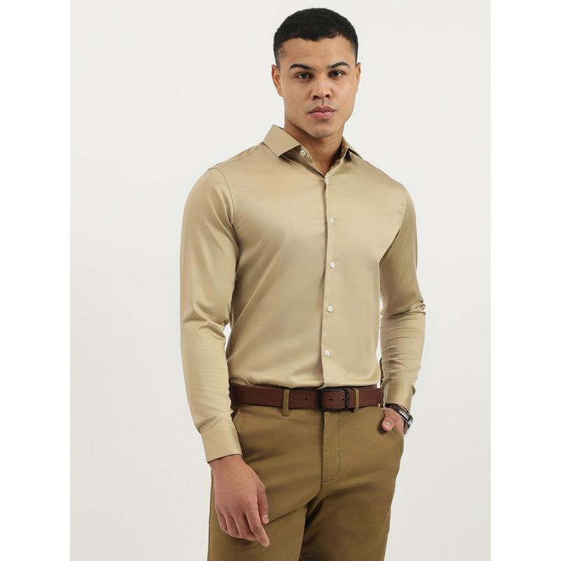 United Colors of Benetton Khaki Slim Fit Semi-Cutaway Solid Satin Stretch Shirt (XL)