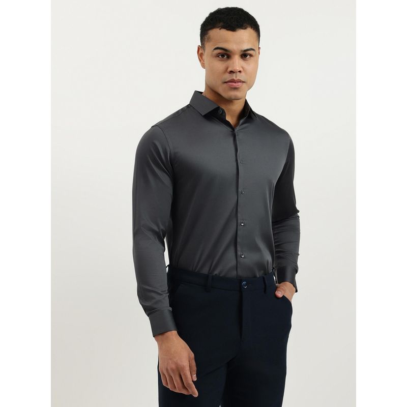 United Colors of Benetton Grey Slim Fit Semi-Cutaway Solid Satin Stretch Shirt (XL)