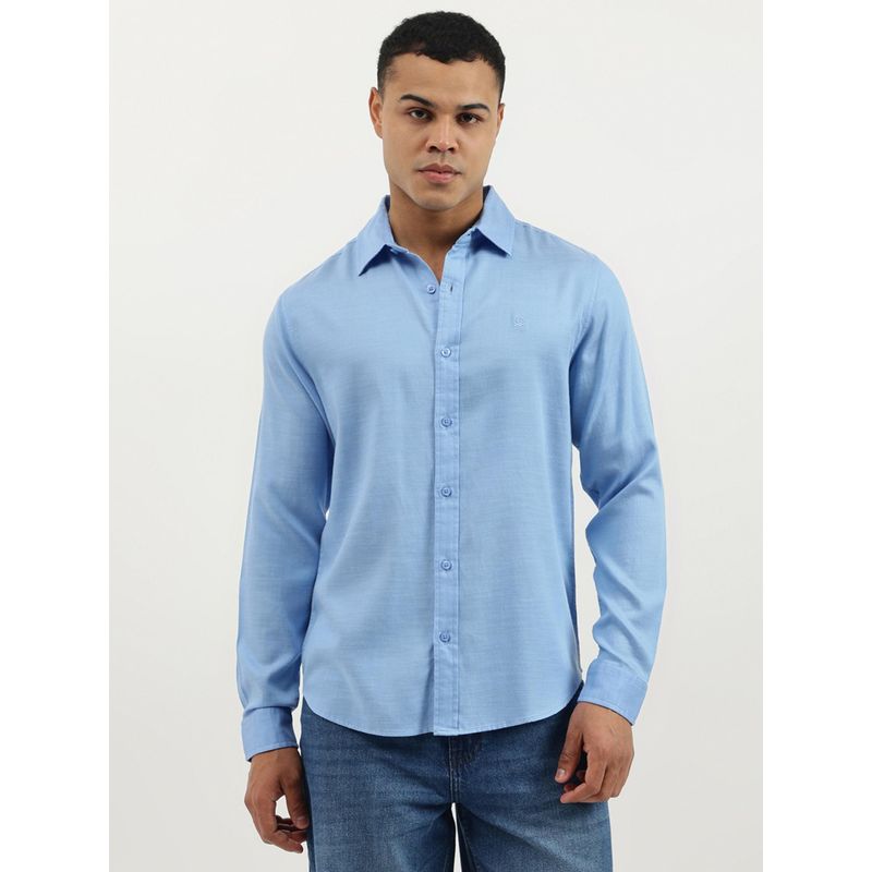 United Colors of Benetton Blue Regular Fit Spread Collar Solid Tencel Shirt (XL)