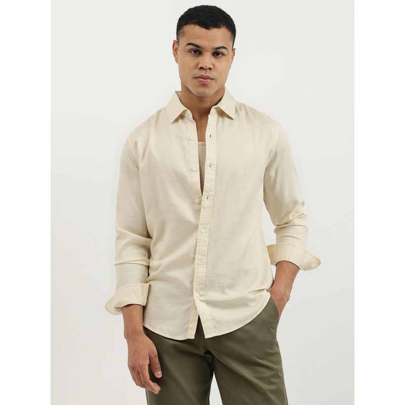 United Colors of Benetton Beige Regular Fit Spread Collar Solid Tencel Shirt (M)