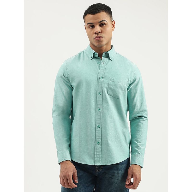 United Colors of Benetton Green Regular Fit Button Down Solid Shirt (M)