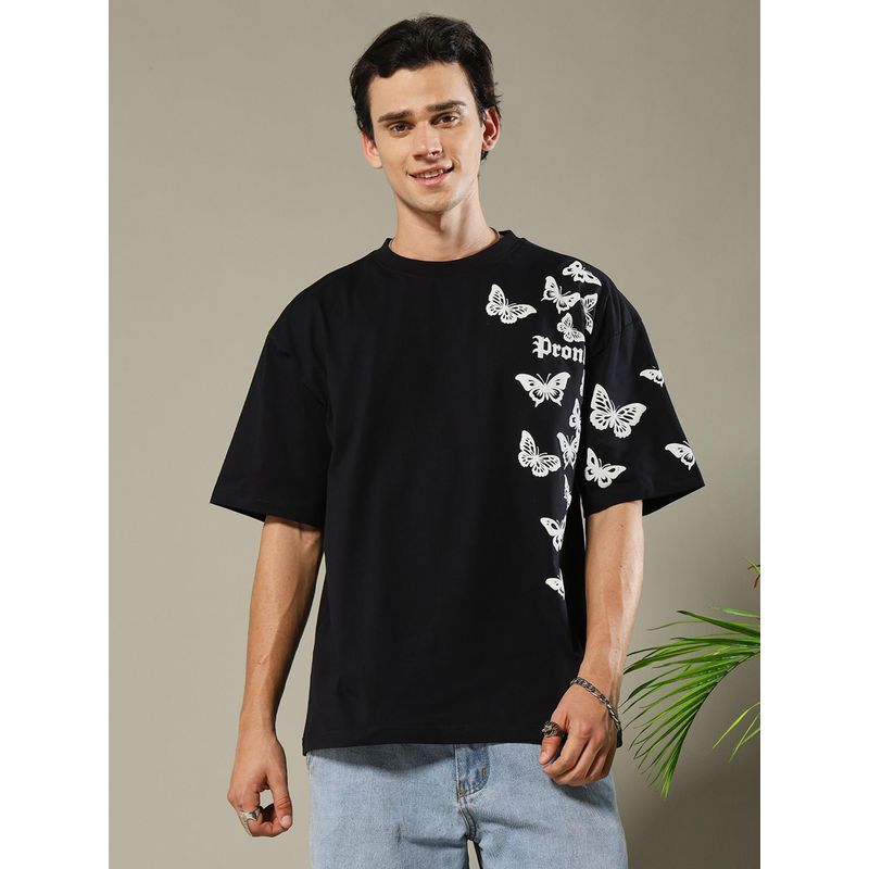 PRONK Black Butterfly Puff Printed Men Oversized T-shirt (XS)
