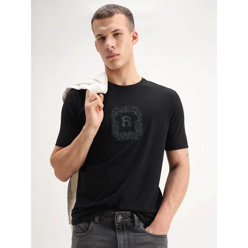 Rare Rabbit Black Embroidered Regular Fit T-Shirt (S)