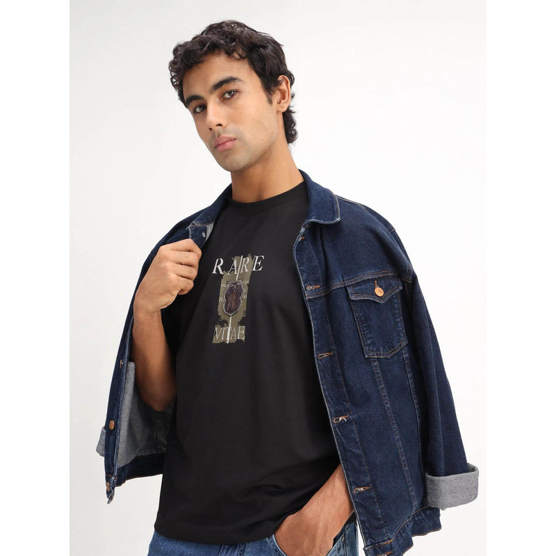 Rare Rabbit Black Printed Regular Fit T-Shirt (S)