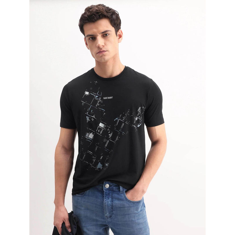 Rare Rabbit Black Printed Regular Fit T-Shirt (M)