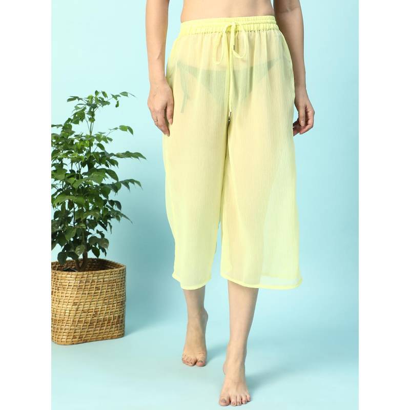 Oxolloxo Womens Solid Yellow Elasticated Waist Tie-Up Detail Beachwear Culottes (S)