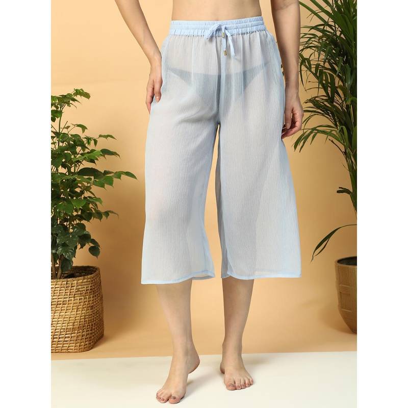 Oxolloxo Womens Solid Blue Elasticated Waist Tie-Up Detail Beachwear Culottes (S)