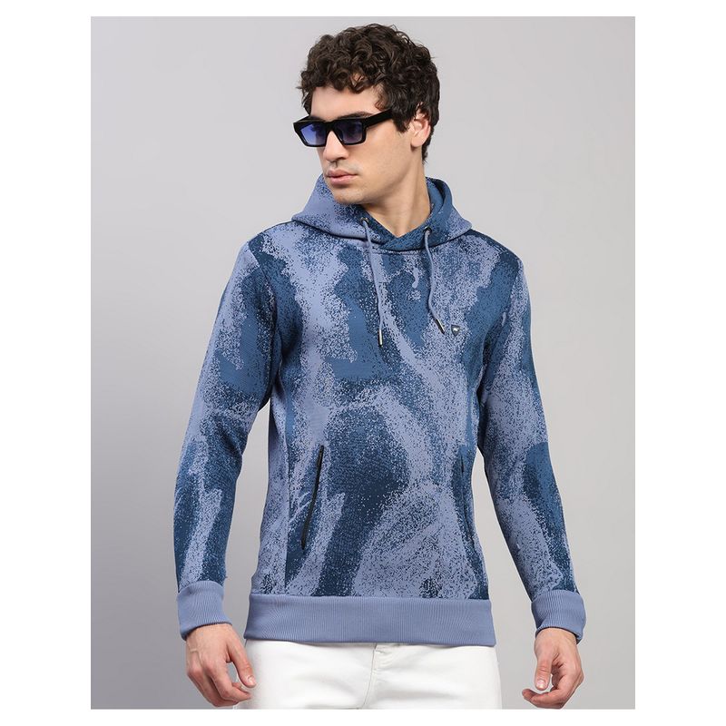 Monte Carlo Men Regular Fit Printed Hooded Winter Blue Sweater (M)